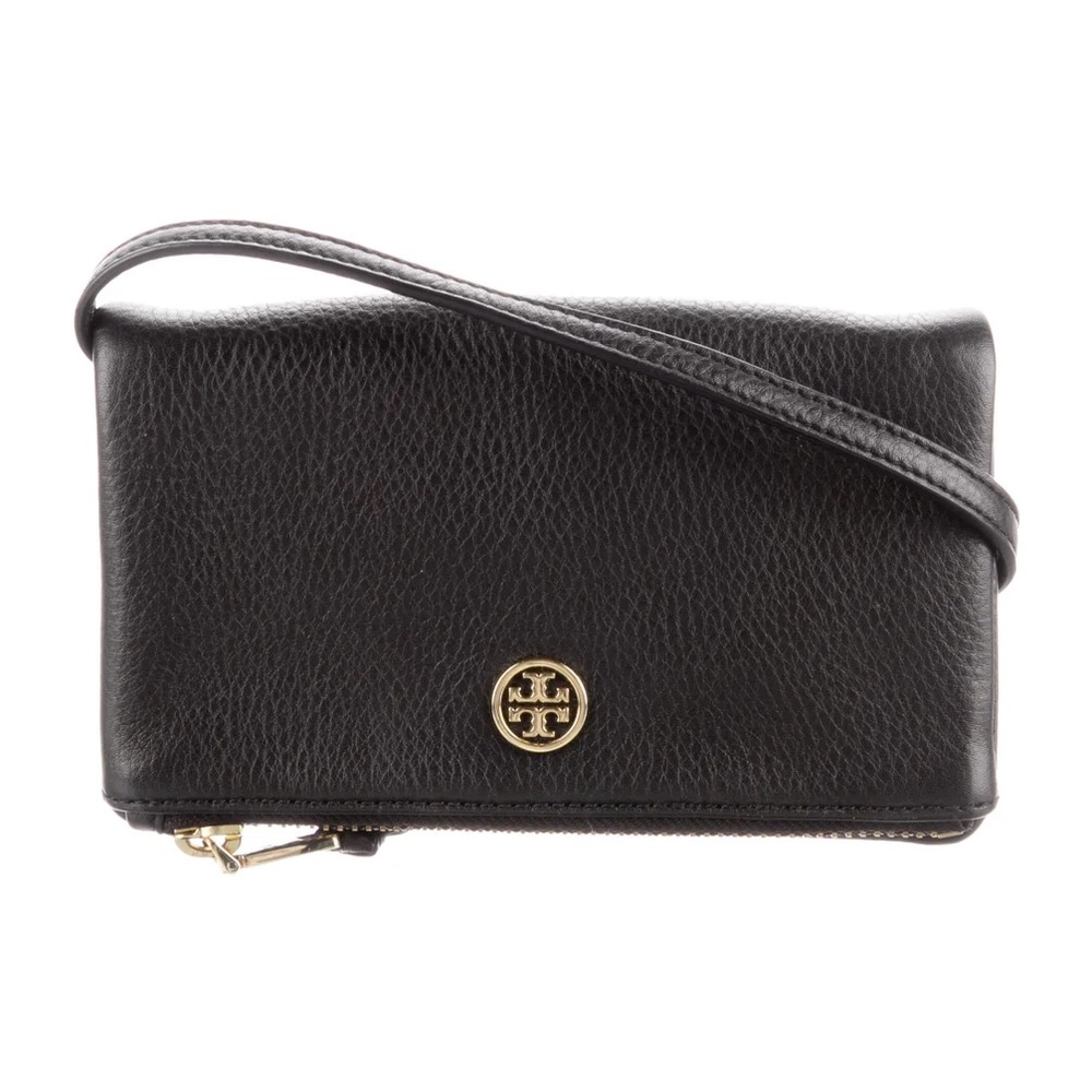 SOLD Tory Burch Pebbled Leather Fold-Over Crossbody Bag in Black